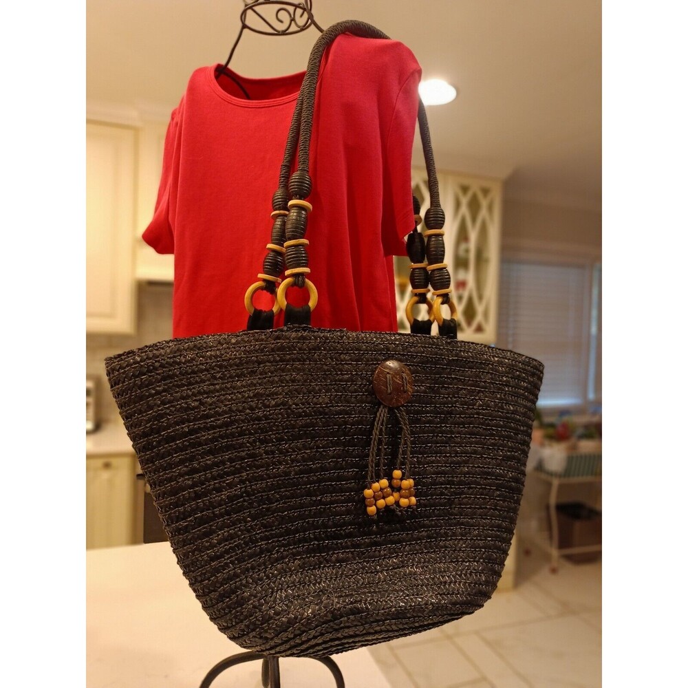 SunNSand Large Black Straw Tote